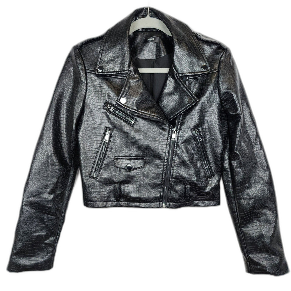 AQUA Croc Embossed Faux Leather Biker Moto Jacket Size Small